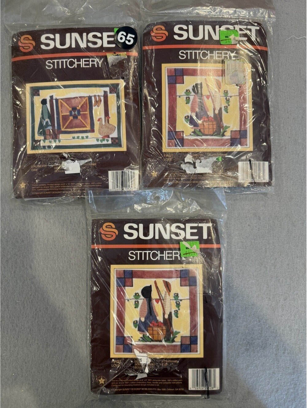 SUNSET STITCHERY Set Of 3  AMISH COUNTRY PRINTED EMBROIDERY KITS NEW Sealed
